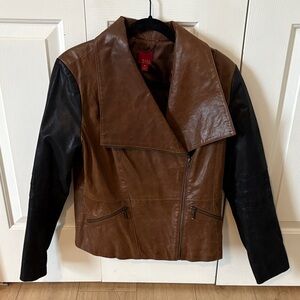 GILI Genuine Brown & Black Leather Asymmetrical Jacket